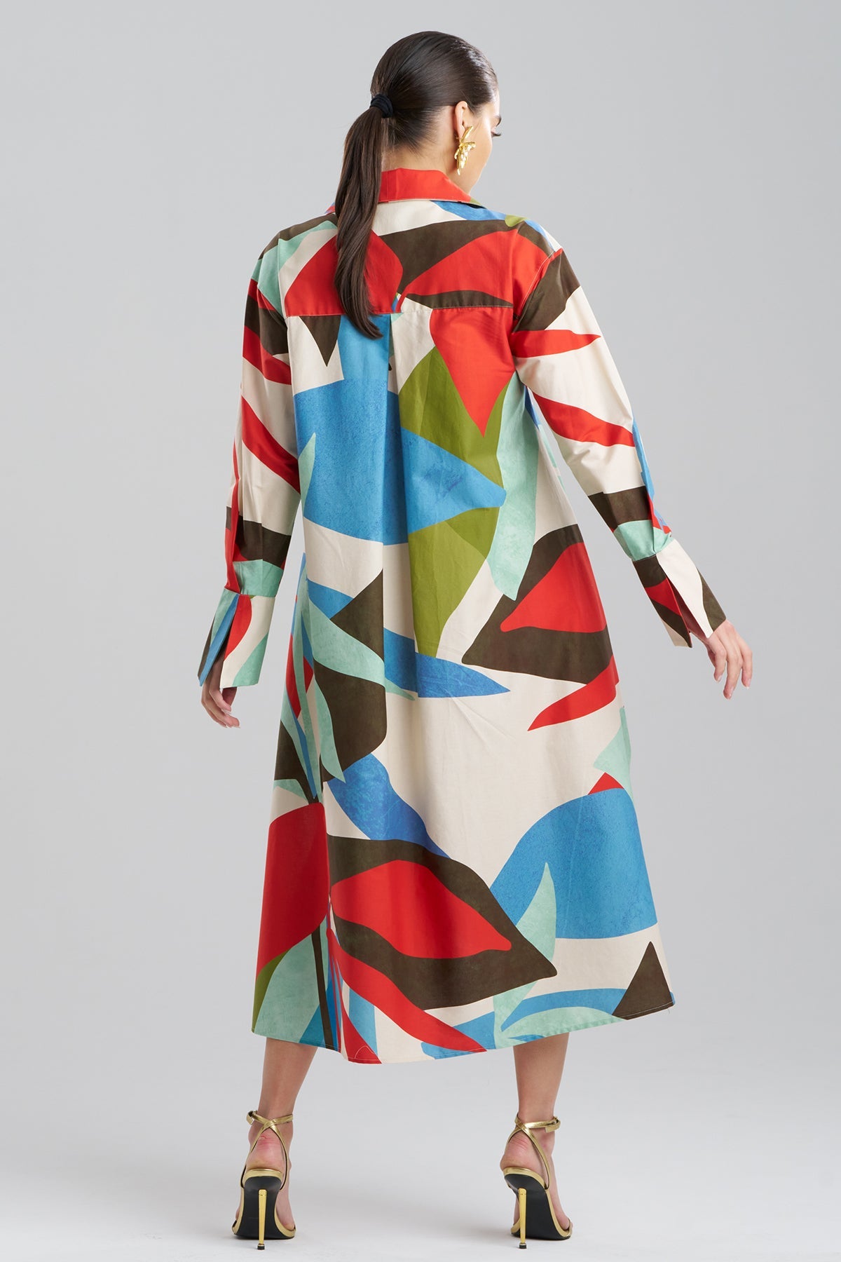Abstract Palm Cotton Poplin Oversized Button Down Shirtdress Multi