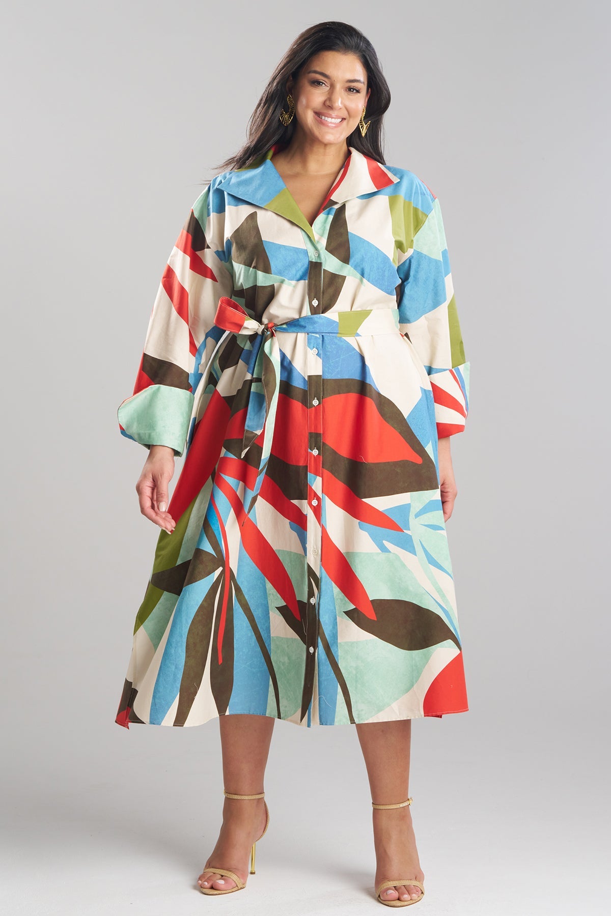 Abstract Palm Cotton Poplin Oversized Button Down Shirtdress Multi