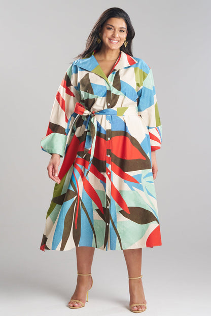 Abstract Palm Cotton Poplin Oversized Button Down Shirtdress Multi