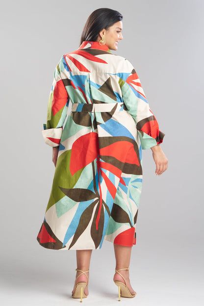 Abstract Palm Cotton Poplin Oversized Button Down Shirtdress Multi