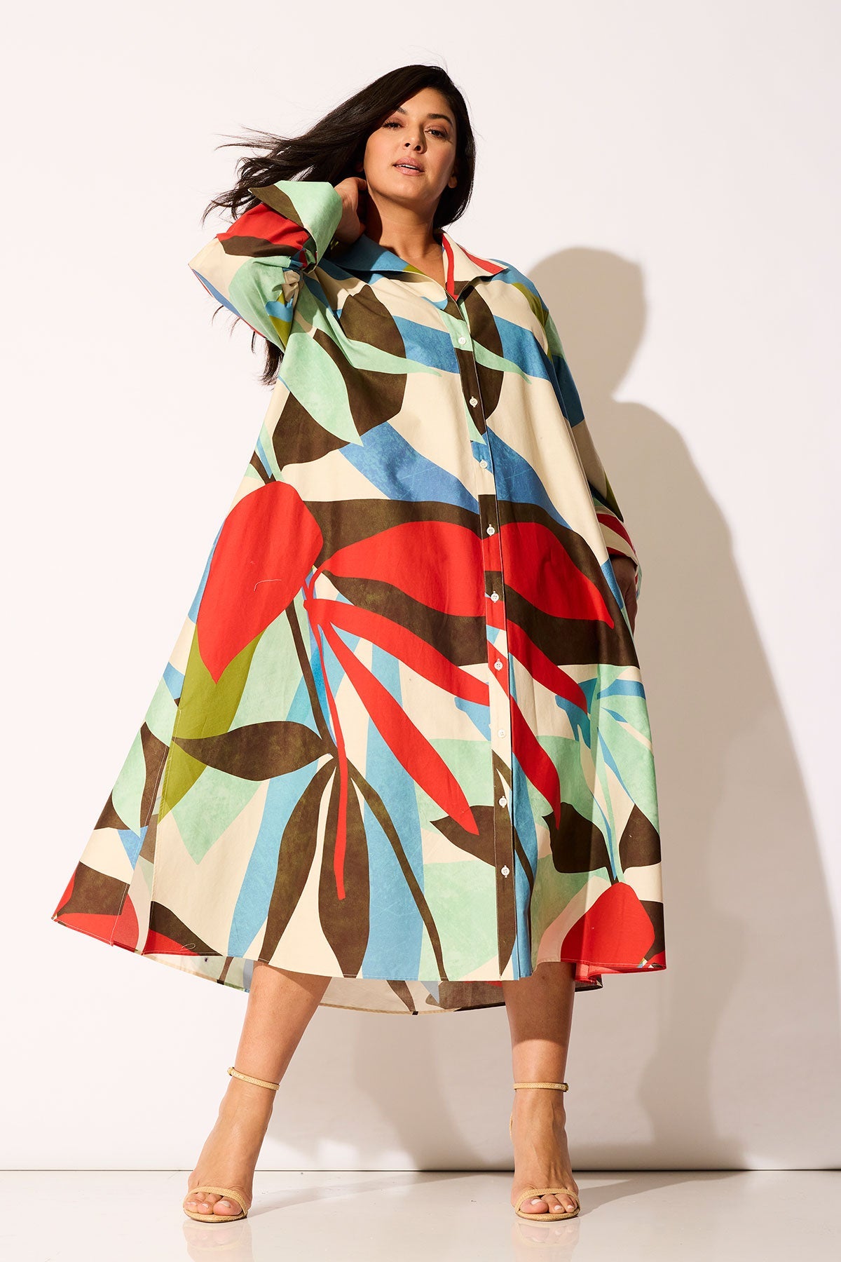 Abstract Palm Cotton Poplin Oversized Button Down Shirtdress Multi