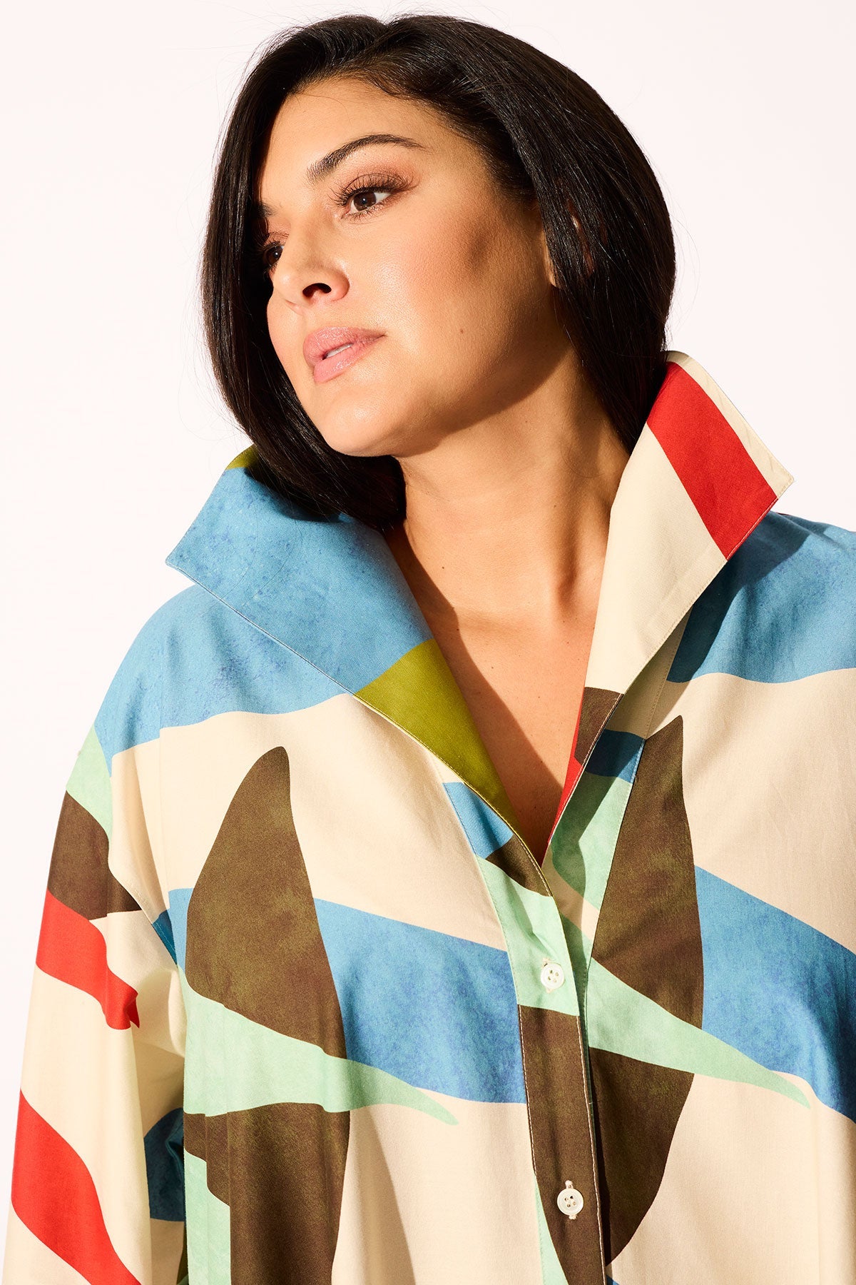 Abstract Palm Cotton Poplin Oversized Button Down Shirtdress Multi