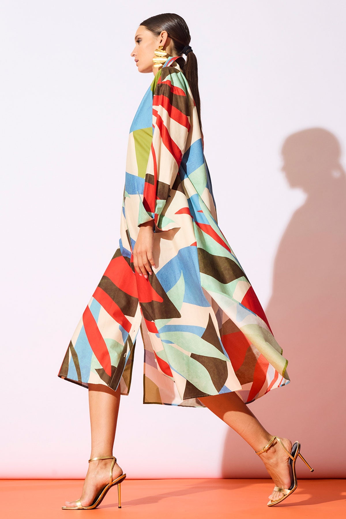 Abstract Palm Cotton Poplin Oversized Button Down Shirtdress Multi