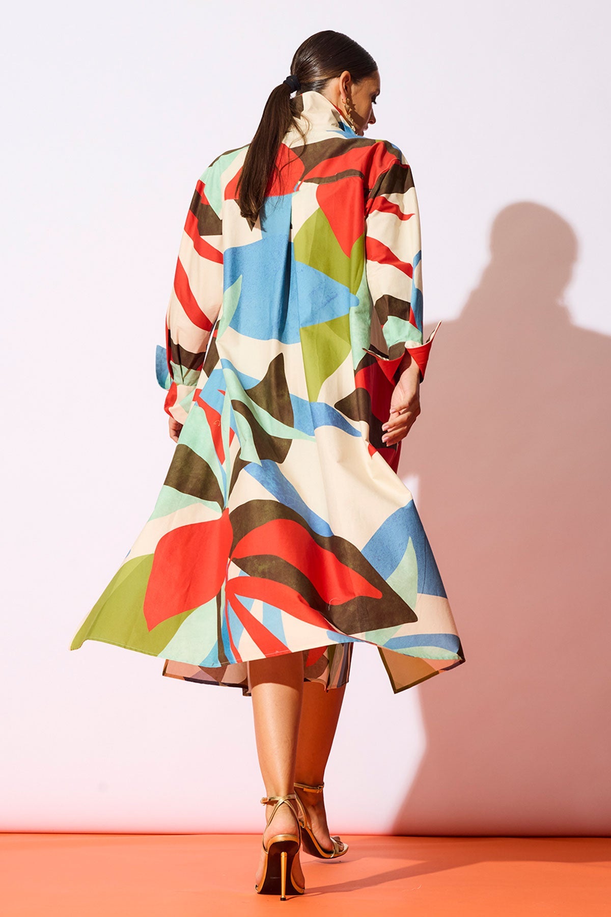 Abstract Palm Cotton Poplin Oversized Button Down Shirtdress Multi
