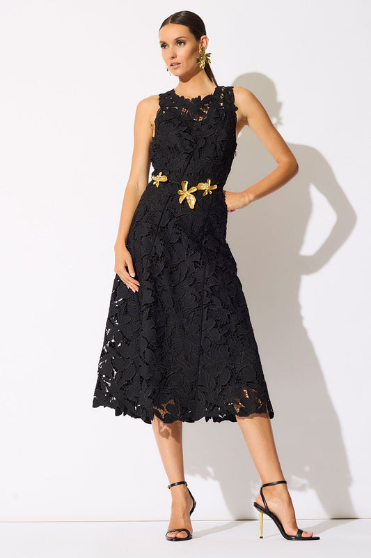 Peony Floral Lace Asymmetric Seam Dress Black
