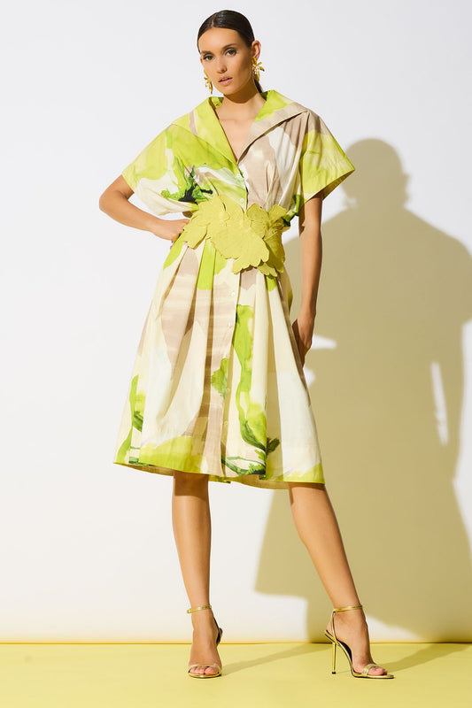 Orchid Cotton Poplin Pleat Release Button Down Shirtdress Chartreuse