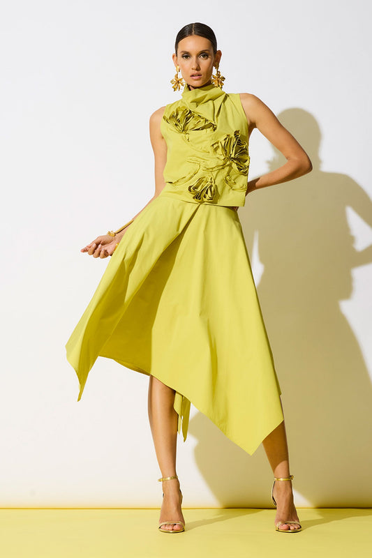 Tech Cotton Taffeta Handkerchief Hem Skirt Chartreuse