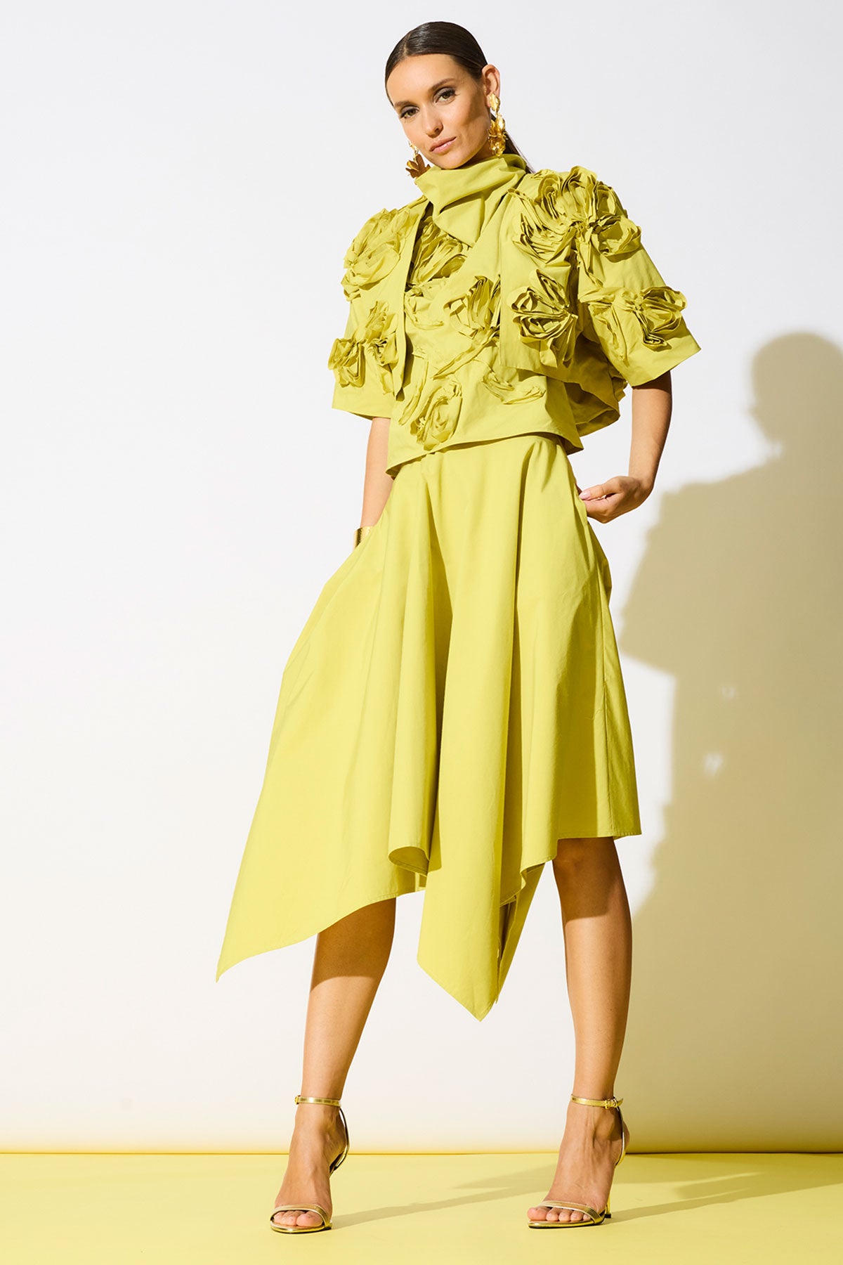 Tech Cotton Taffeta Handkerchief Hem Skirt Chartreuse
