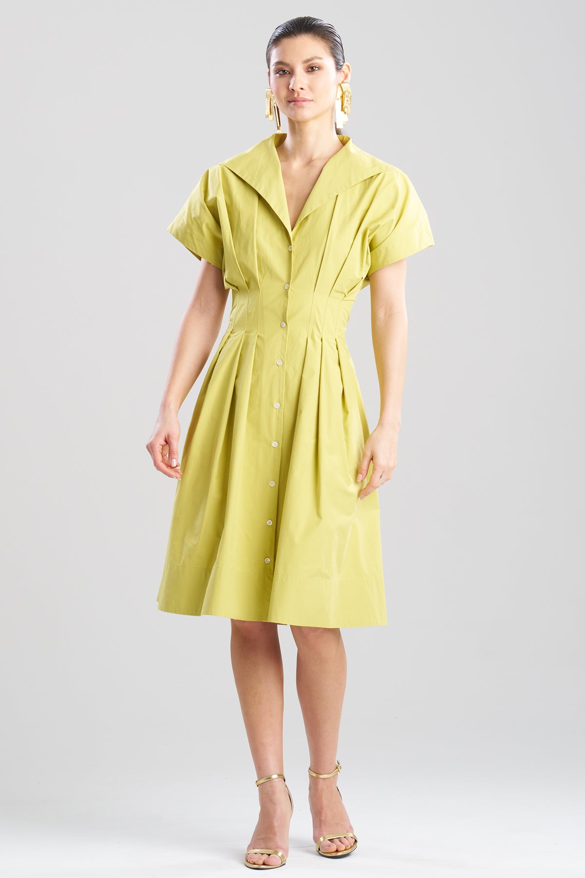 Tech Cotton Taffeta Pleat Release Button Down Shirtdress Chartreuse
