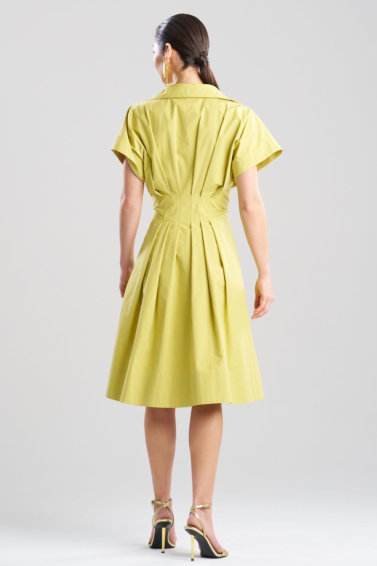 Tech Cotton Taffeta Pleat Release Button Down Shirtdress Chartreuse