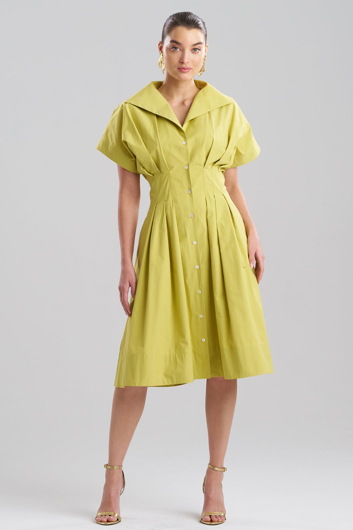 Tech Cotton Taffeta Pleat Release Button Down Shirtdress Chartreuse
