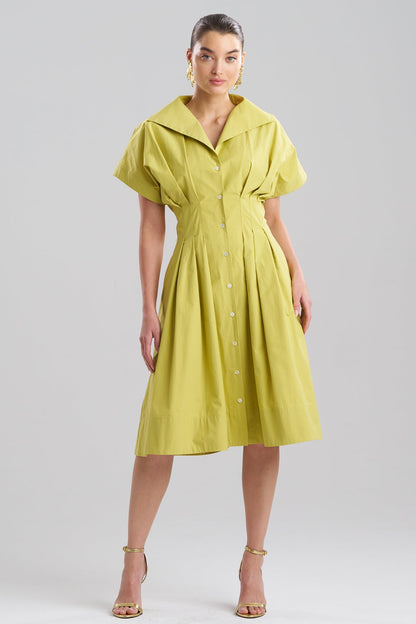 Tech Cotton Taffeta Pleat Release Button Down Shirtdress Chartreuse