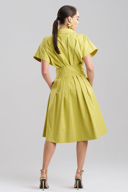Tech Cotton Taffeta Pleat Release Button Down Shirtdress Chartreuse