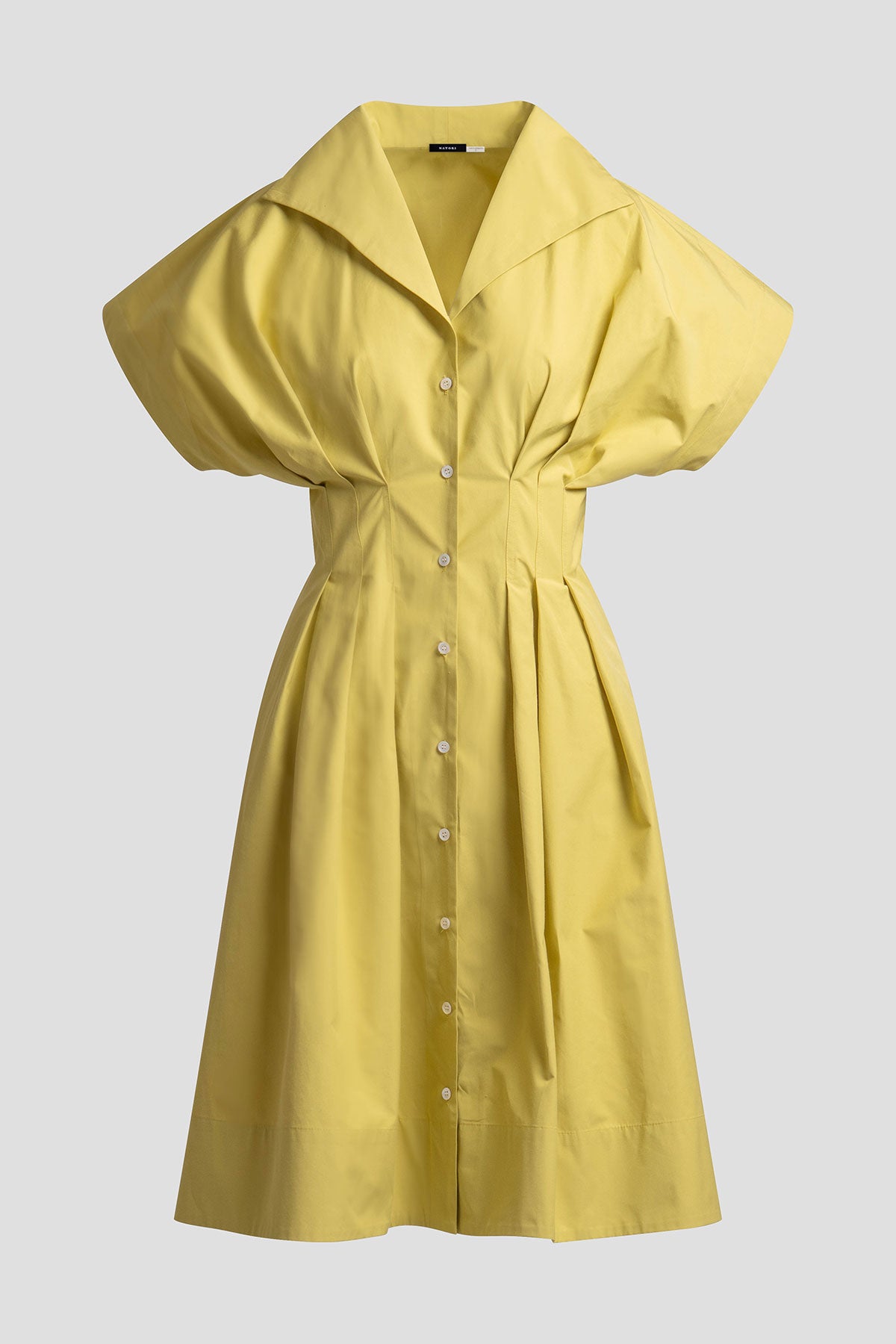 Tech Cotton Taffeta Pleat Release Button Down Shirtdress Chartreuse