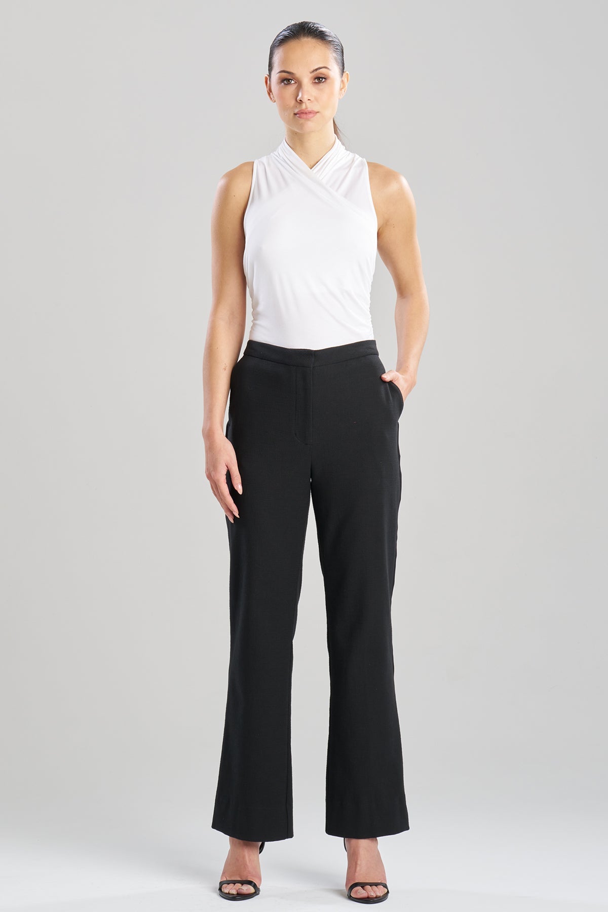 Stretch Basketweave Cotton Flare Leg Zip Pants Black