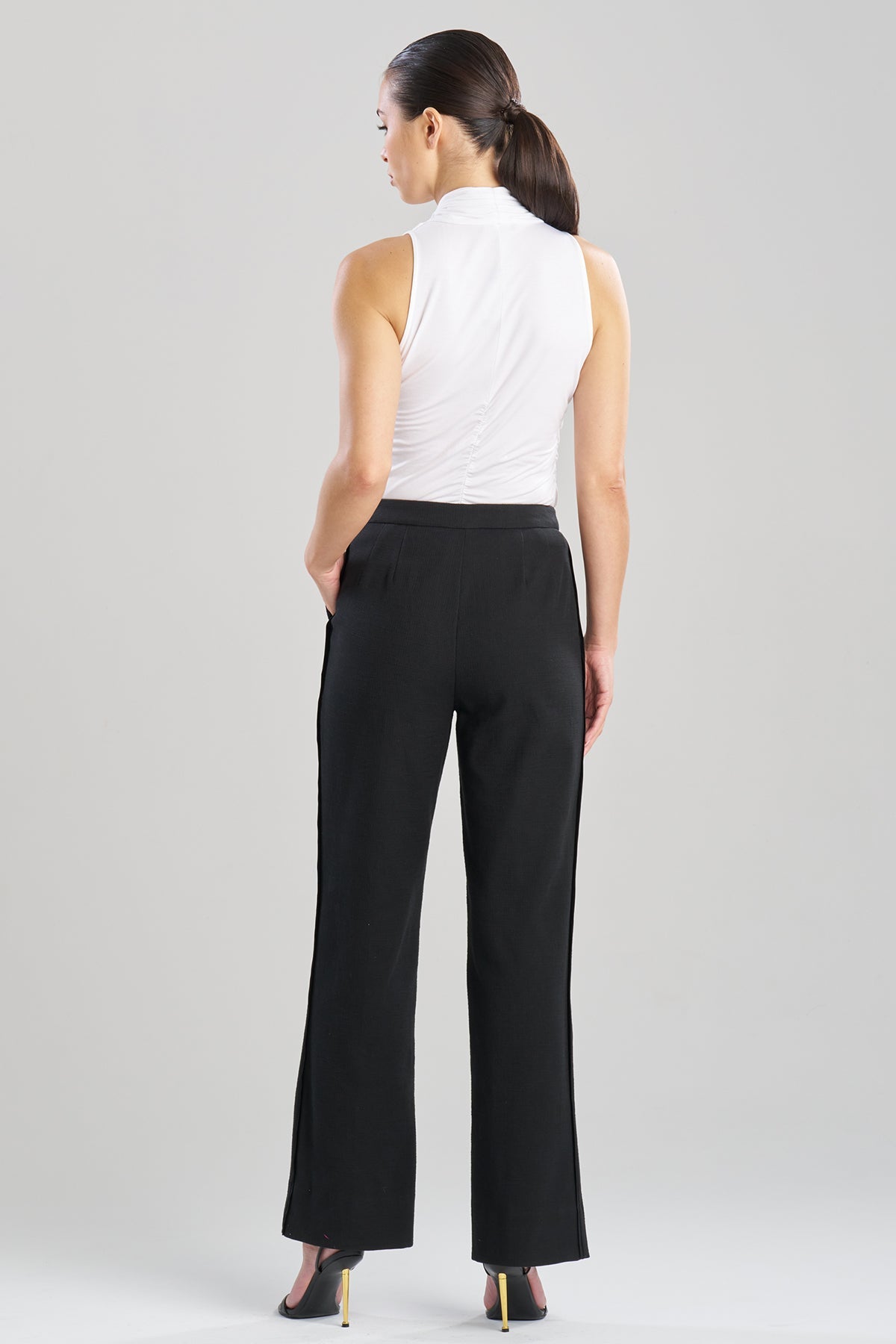Stretch Basketweave Cotton Flare Leg Zip Pants Black