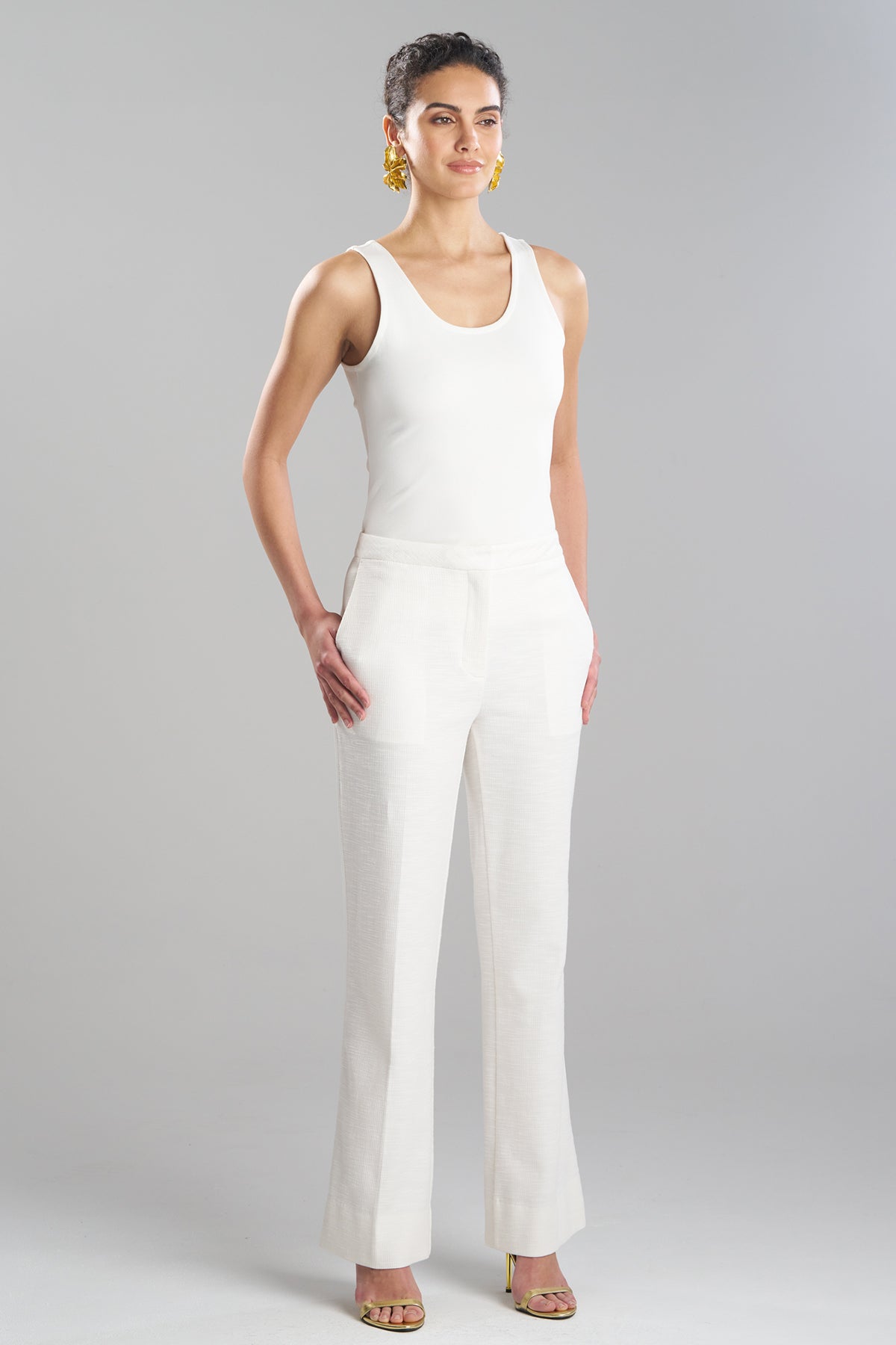 Stretch Basketweave Cotton Flare Leg Zip Pants Warm White
