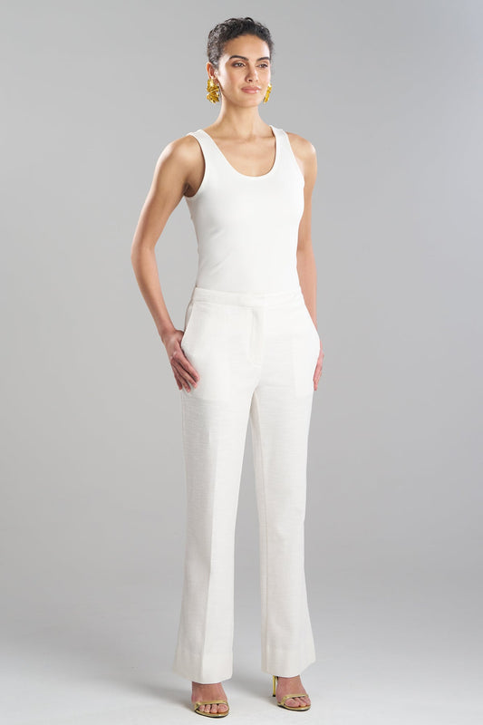 Stretch Basketweave Cotton Flare Leg Zip Pants Warm White