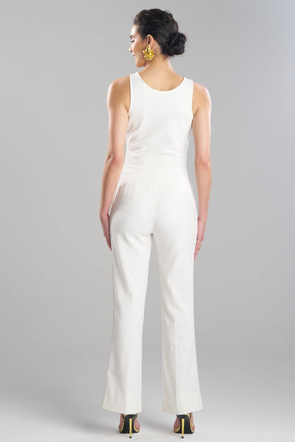 Stretch Basketweave Cotton Flare Leg Zip Pants Warm White