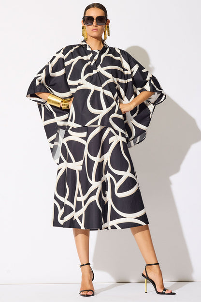 Spiral Cotton Taffeta Oversized Caftan Top Black/White