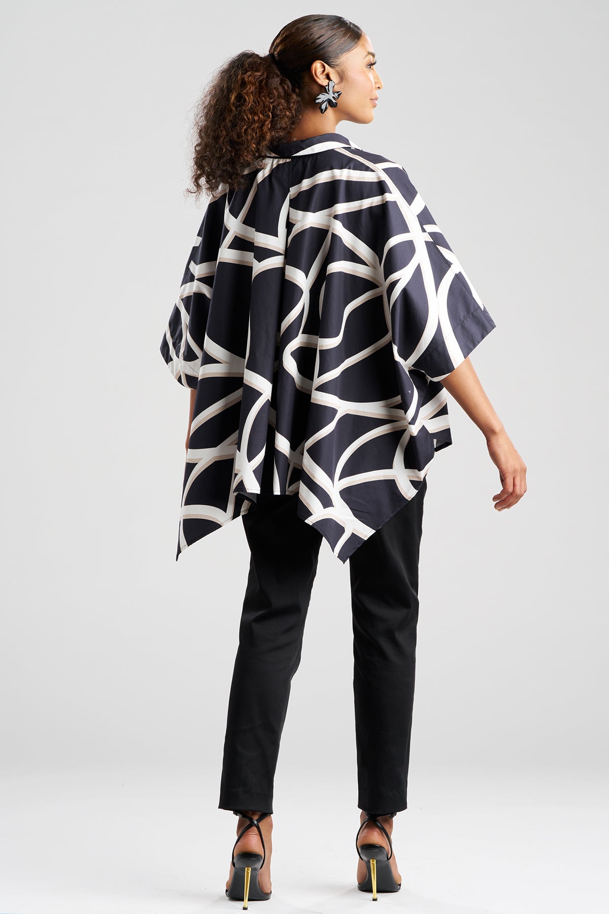 Spiral Cotton Taffeta Oversized Caftan Top Black/White
