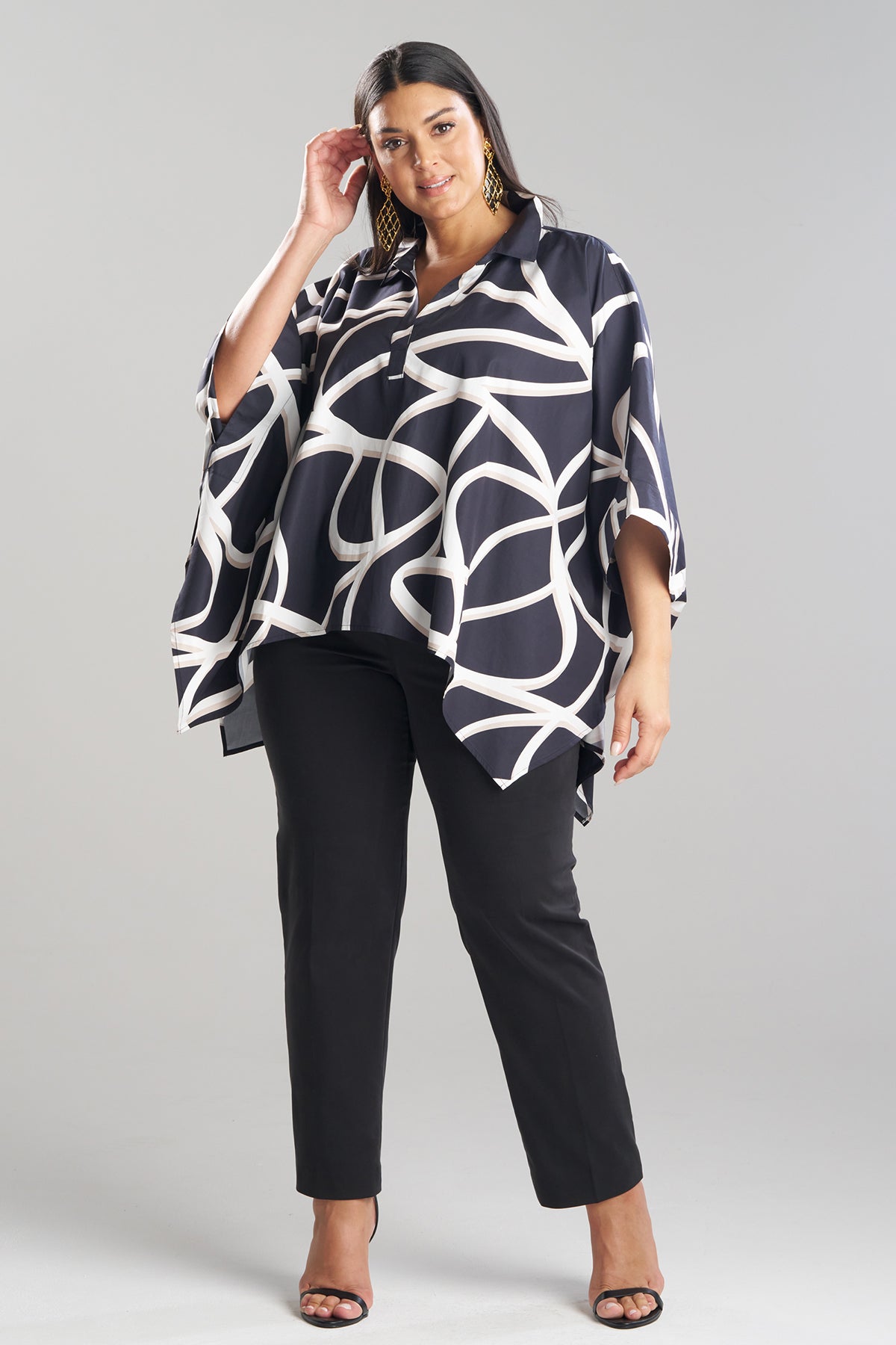 Spiral Cotton Taffeta Oversized Caftan Top Black/White