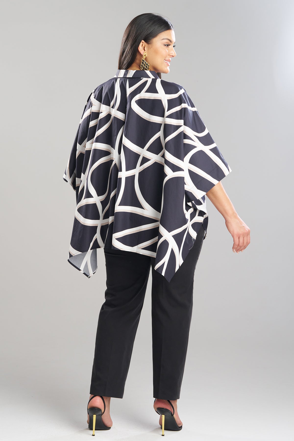 Spiral Cotton Taffeta Oversized Caftan Top Black/White