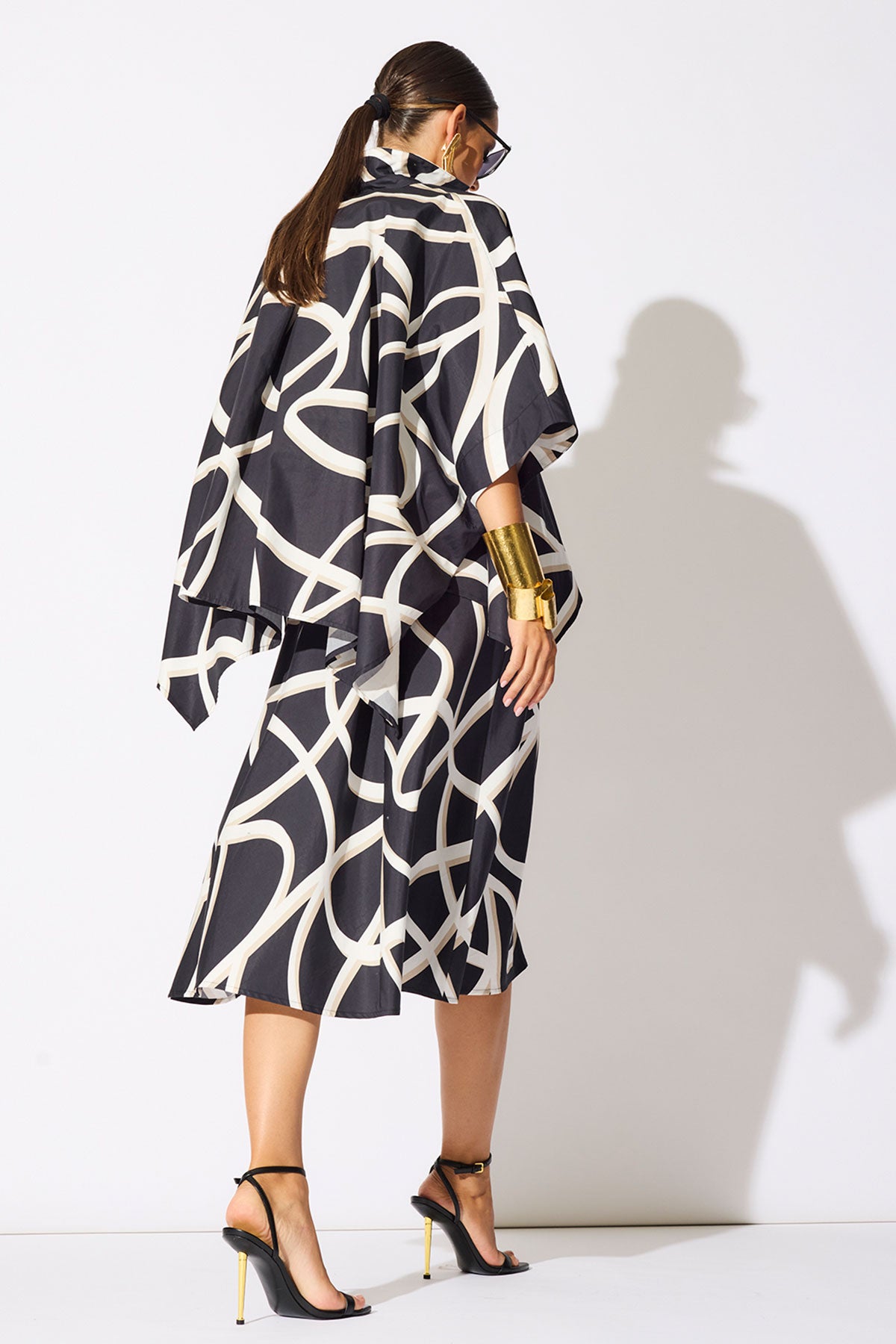 Spiral Cotton Taffeta Oversized Caftan Top Black/White