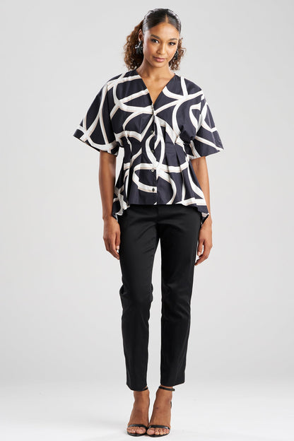 Spiral Cotton Taffeta Short Sleeve Button Down Shirt Black/White