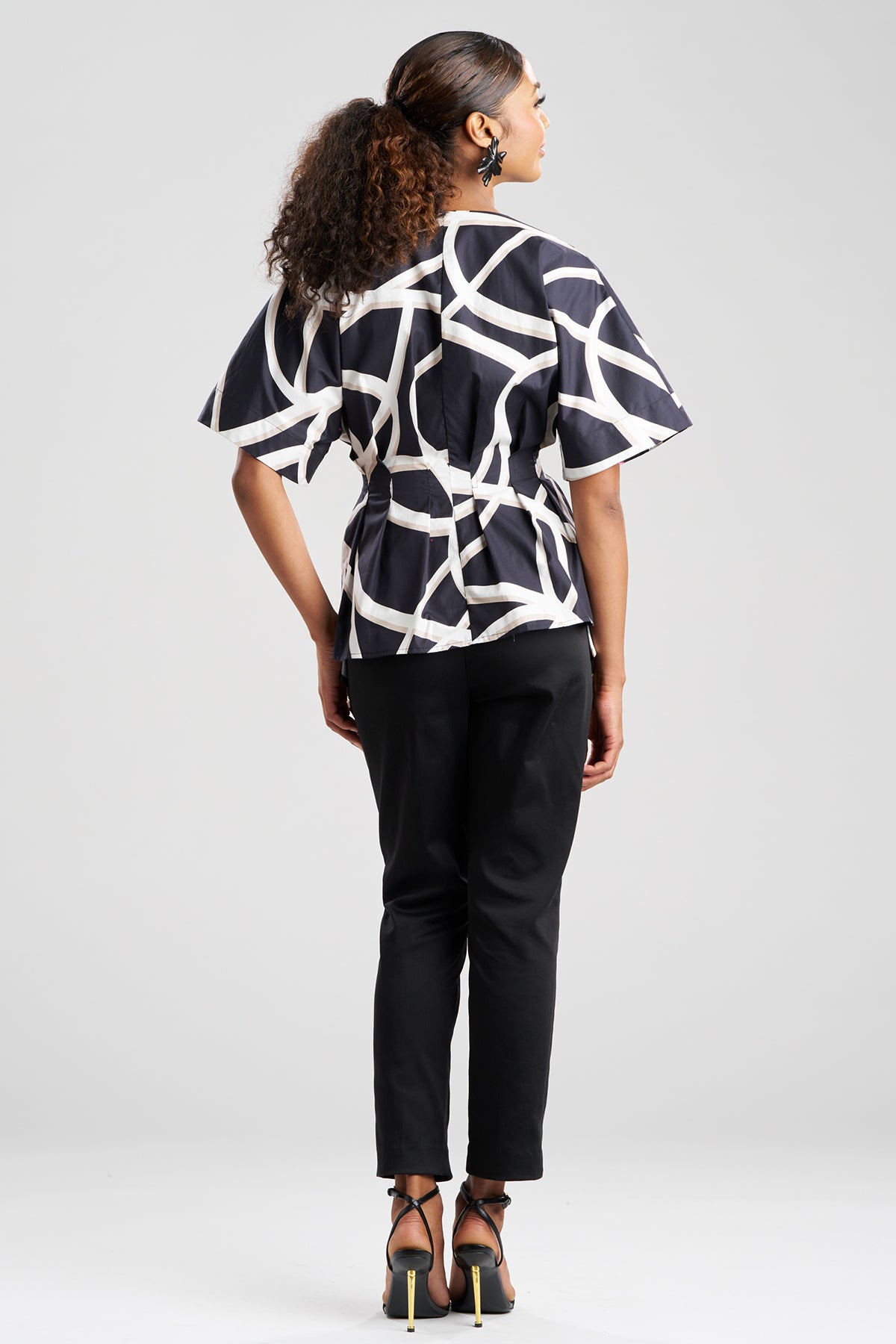 Spiral Cotton Taffeta Short Sleeve Button Down Shirt Black/White