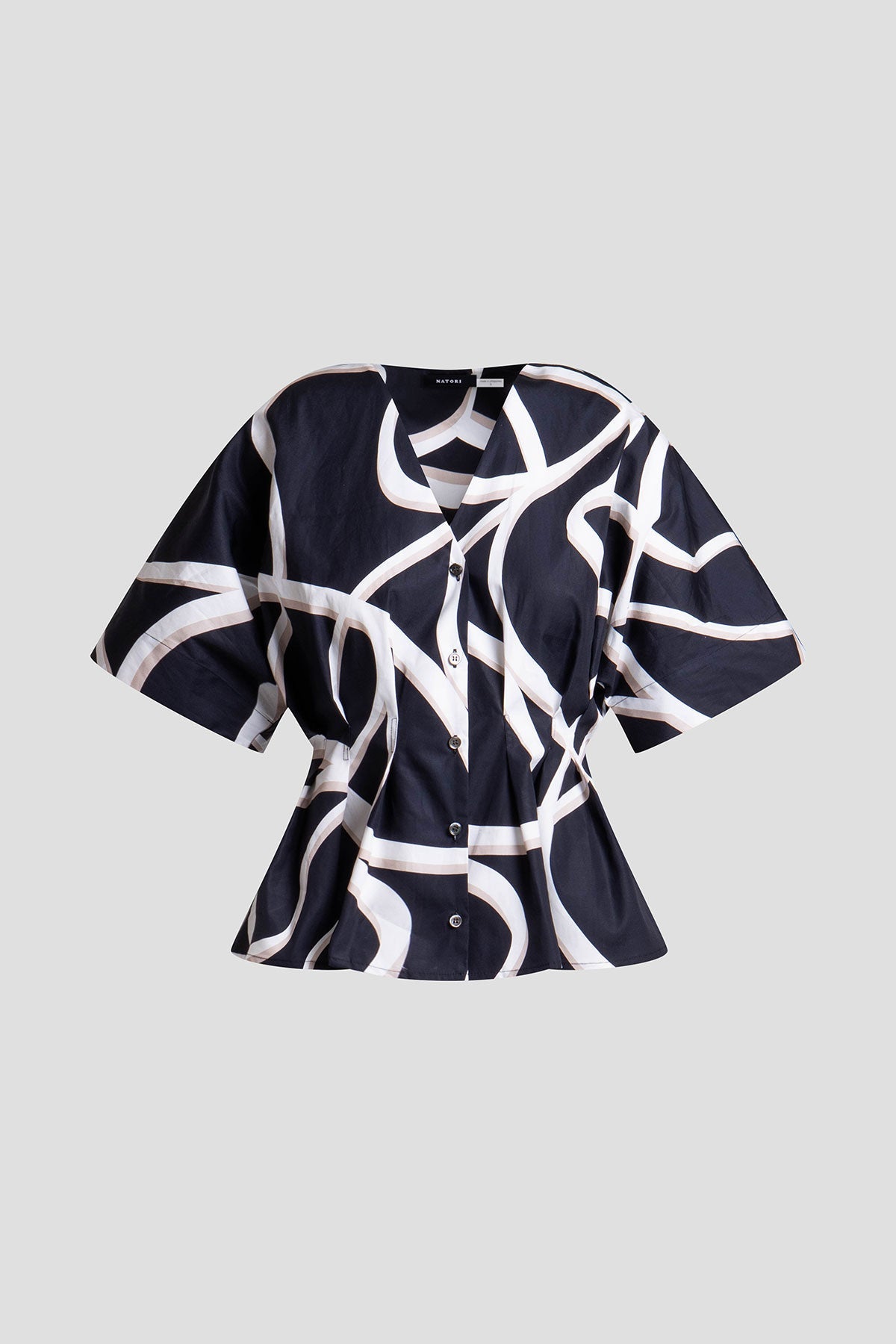 Spiral Cotton Taffeta Short Sleeve Button Down Shirt Black/White