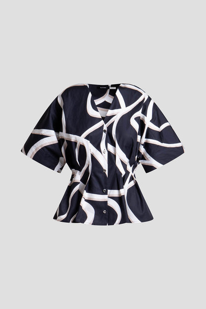 Spiral Cotton Taffeta Short Sleeve Button Down Shirt Black/White