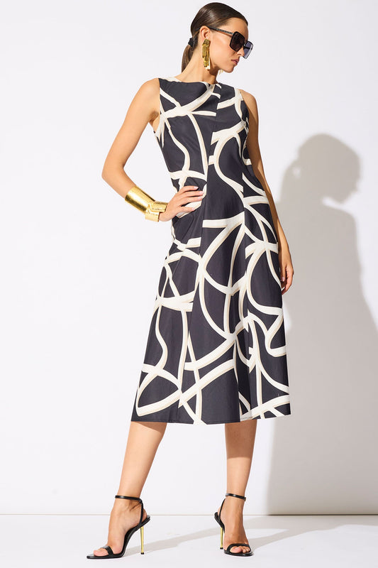 Spiral Cotton Taffeta Asymmetric Seam Dress Black/White