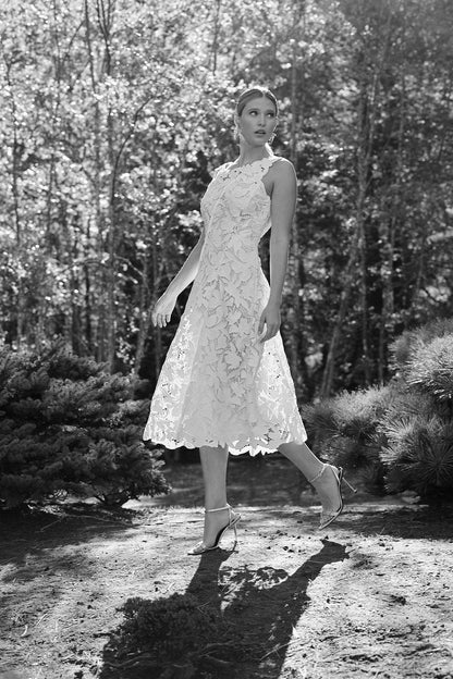 Peony Floral Lace Asymmetric Seam Dress White