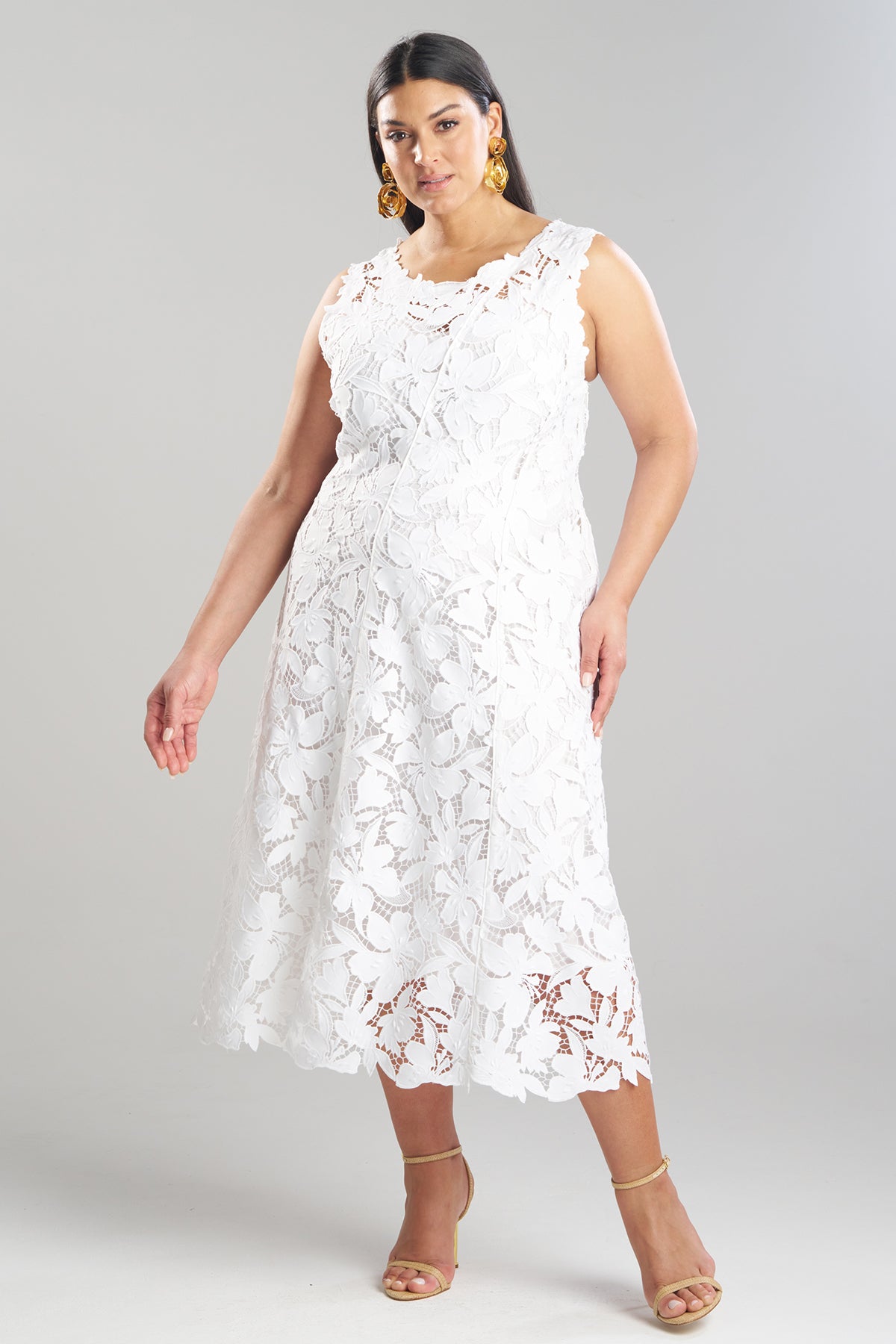 Peony Floral Lace Asymmetric Seam Dress White