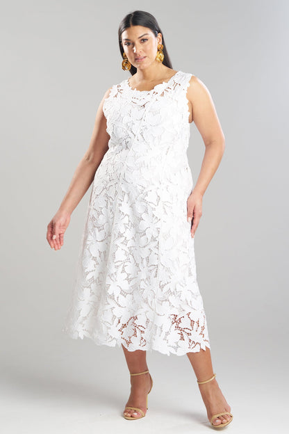 Peony Floral Lace Asymmetric Seam Dress White