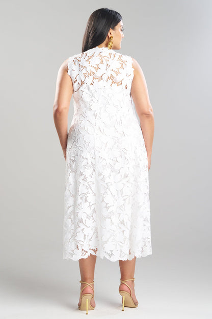 Peony Floral Lace Asymmetric Seam Dress White