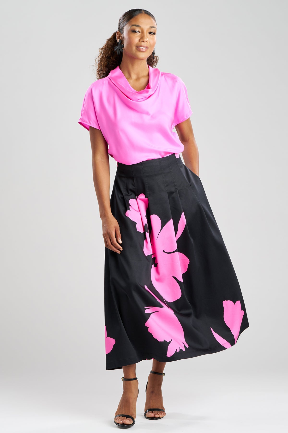 Peony Cotton Chino Pleated Skirt Fresh Pink/Black