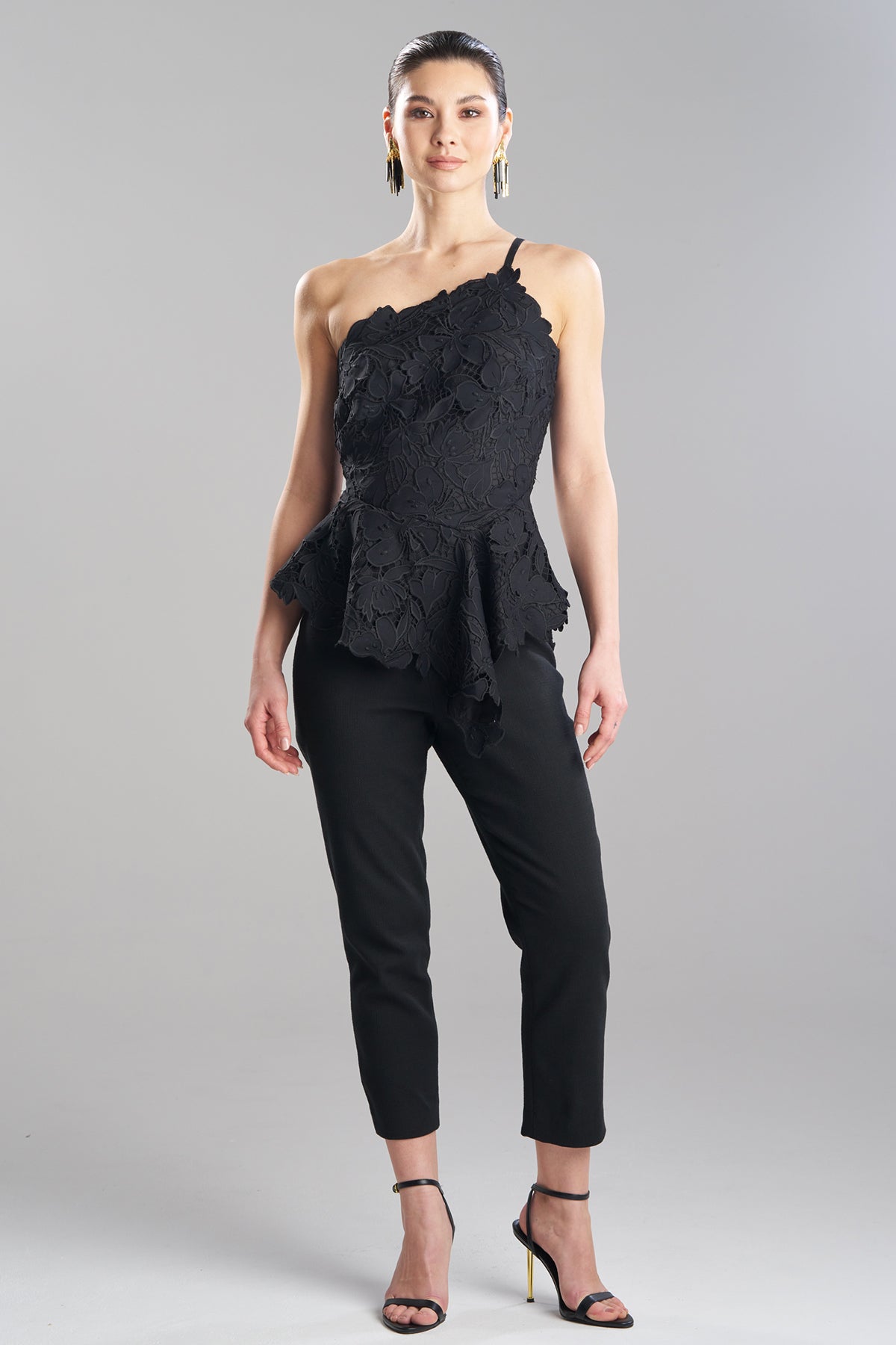 Peony Floral Lace Asymmetric Halter Top Black