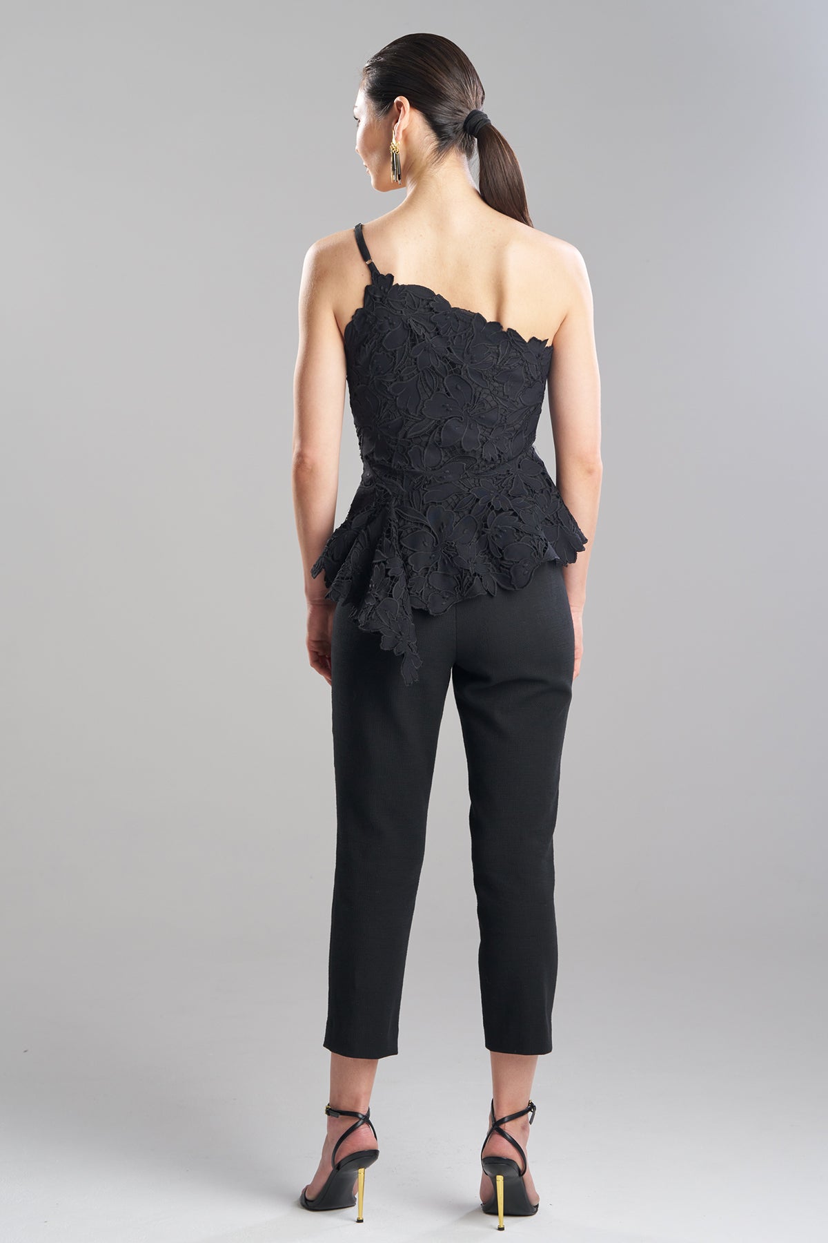 Peony Floral Lace Asymmetric Halter Top Black