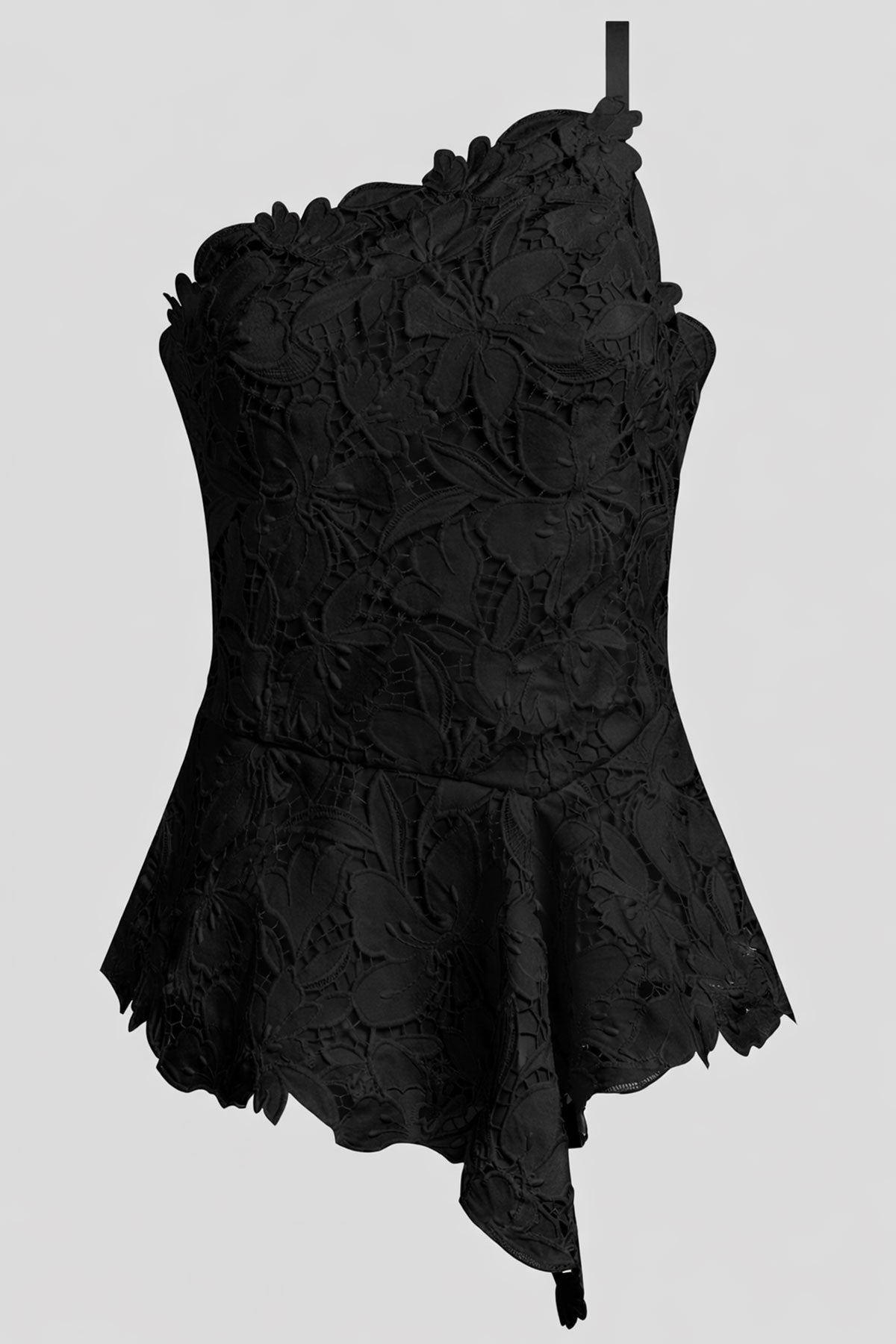 Peony Floral Lace Asymmetric Halter Top Black