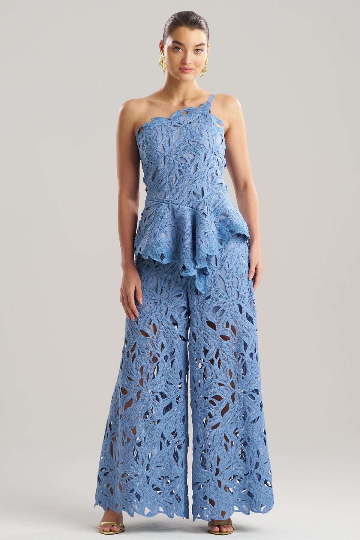 Cutout Leaf Lace Asymmetric Halter Top Blue Iris
