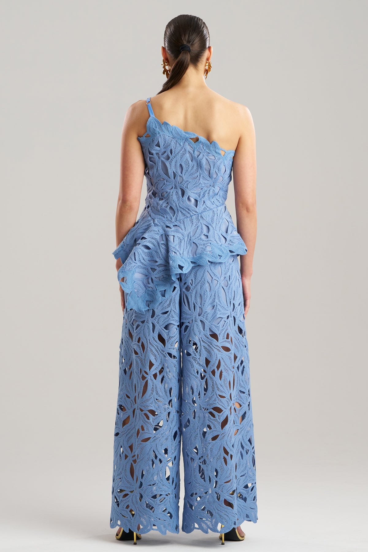 Cutout Leaf Lace Asymmetric Halter Top Blue Iris