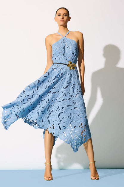Cutout Leaf Lace Halter Dress Blue Iris