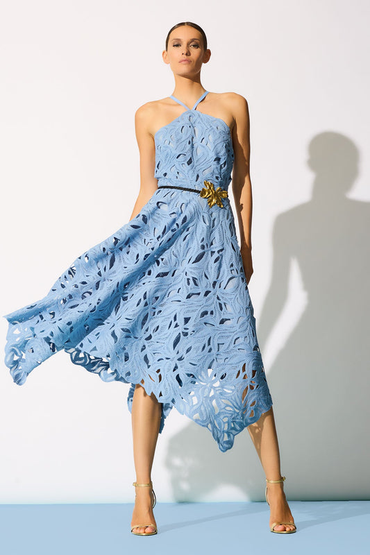 Cutout Leaf Lace Halter Dress Blue Iris