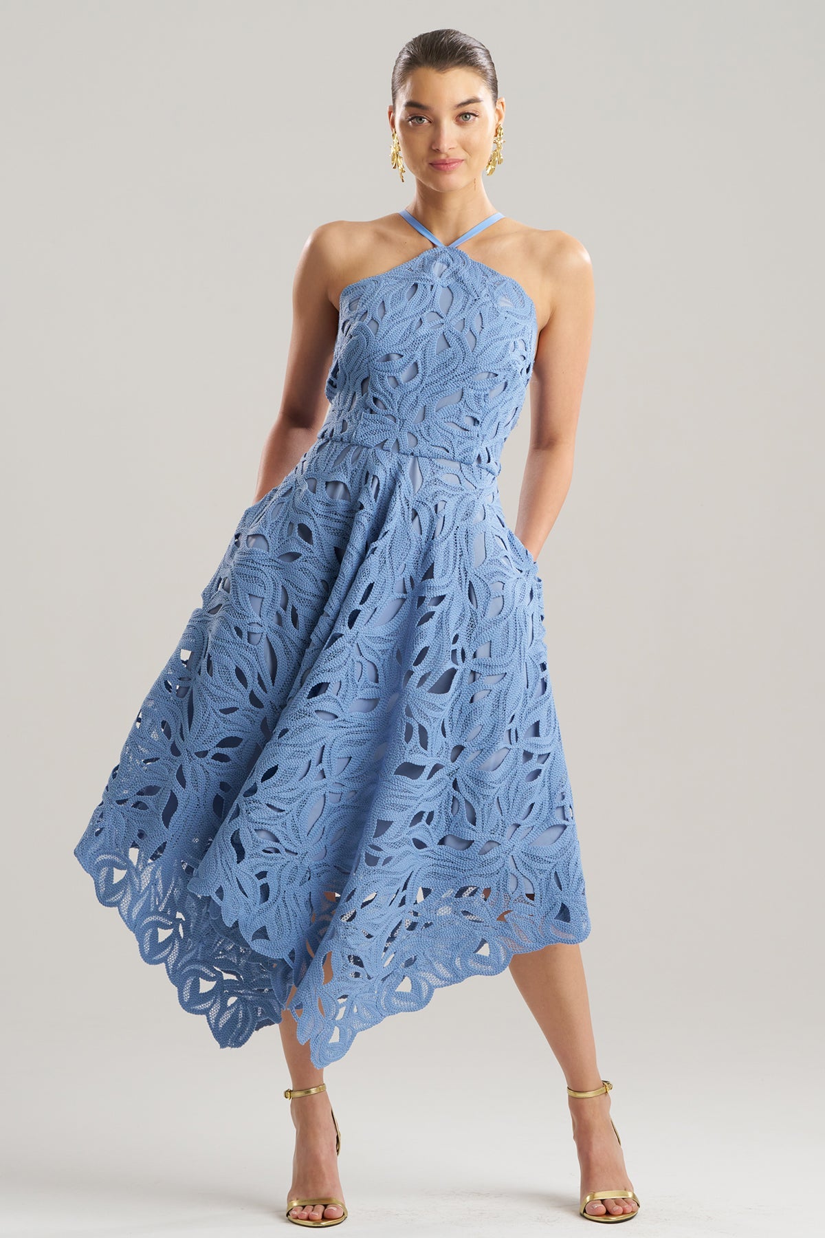 Cutout Leaf Lace Halter Dress Blue Iris