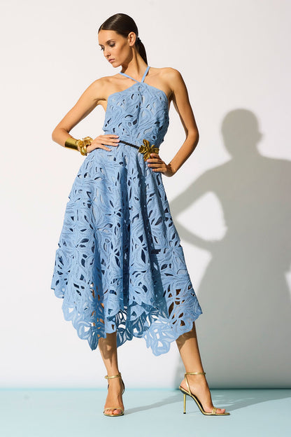 Cutout Leaf Lace Halter Dress Blue Iris