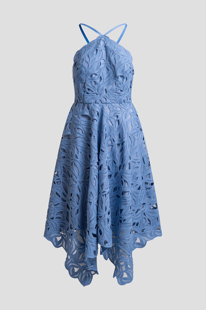 Cutout Leaf Lace Halter Dress Blue Iris