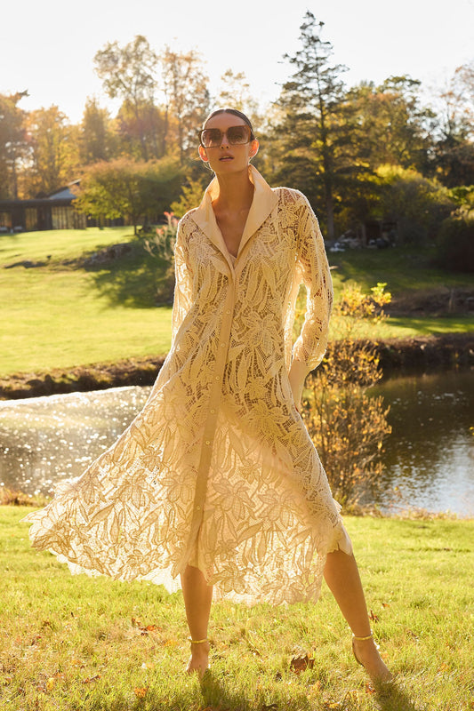 Crochet Lace Cotton Oversized Button Down Shirtdress Parchment