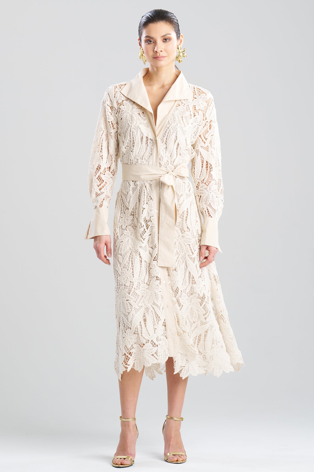 Crochet Lace Cotton Oversized Button Down Shirtdress Parchment